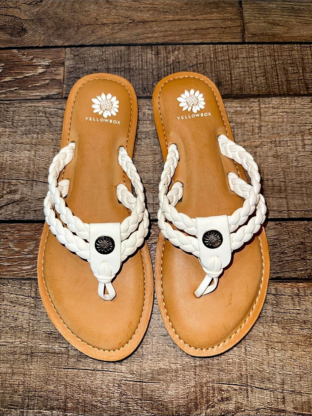 Yellow Box Harmony Braided Thong Sandals in White & Brown